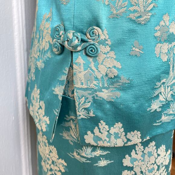 60s Brocade Chinoiserie Vintage Shift Dress Miss Brooks Scenic Print Cheongsam - Picture 5 of 9